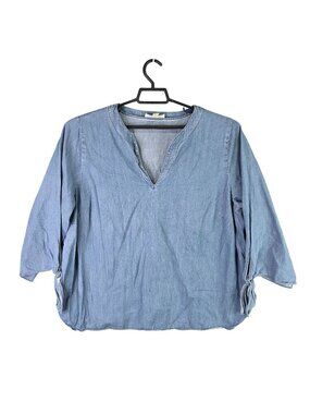 Womens Michael Kors Blue Chambray V-Neck Blouse 3/4 Sleeve Cotton Blend Size 3X